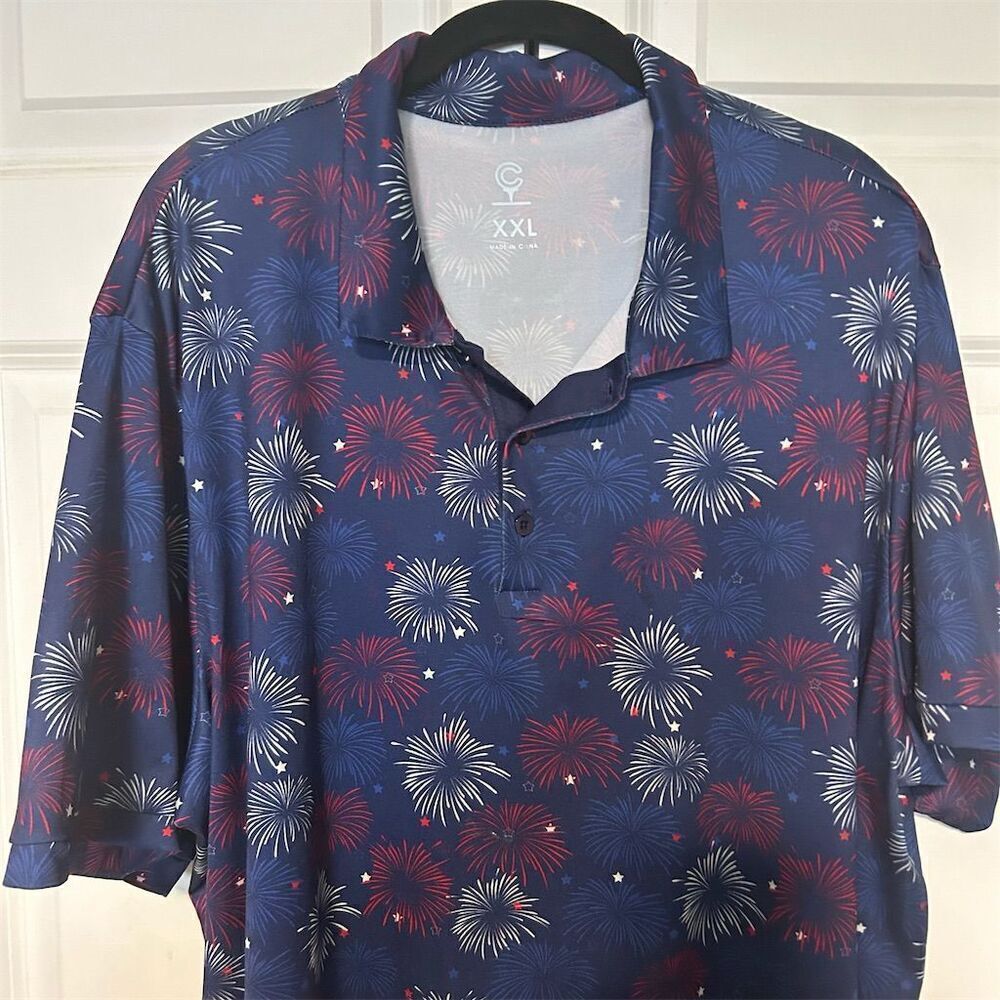 Caddy Cart Men's Performance Polo Shirt Fireworks Print 2XL Multicolor